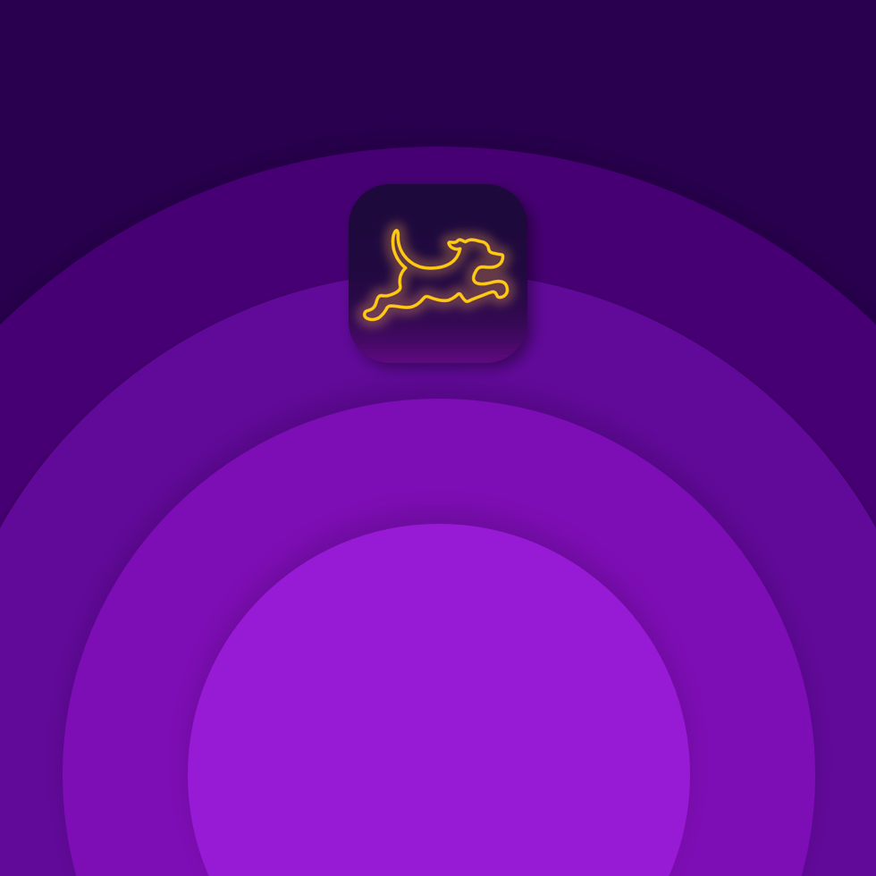 The Fetch app icon appears against a background of concentric rings of different shades of purple.